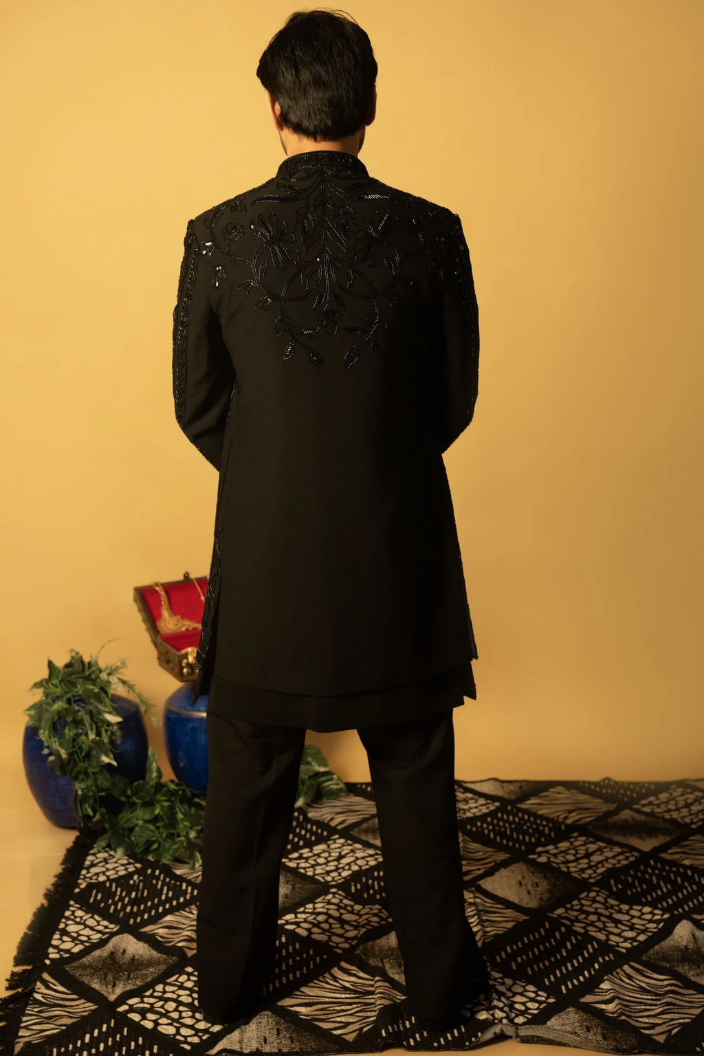 Maharana Black Sequin Embroidered Indowestern Jacket Set