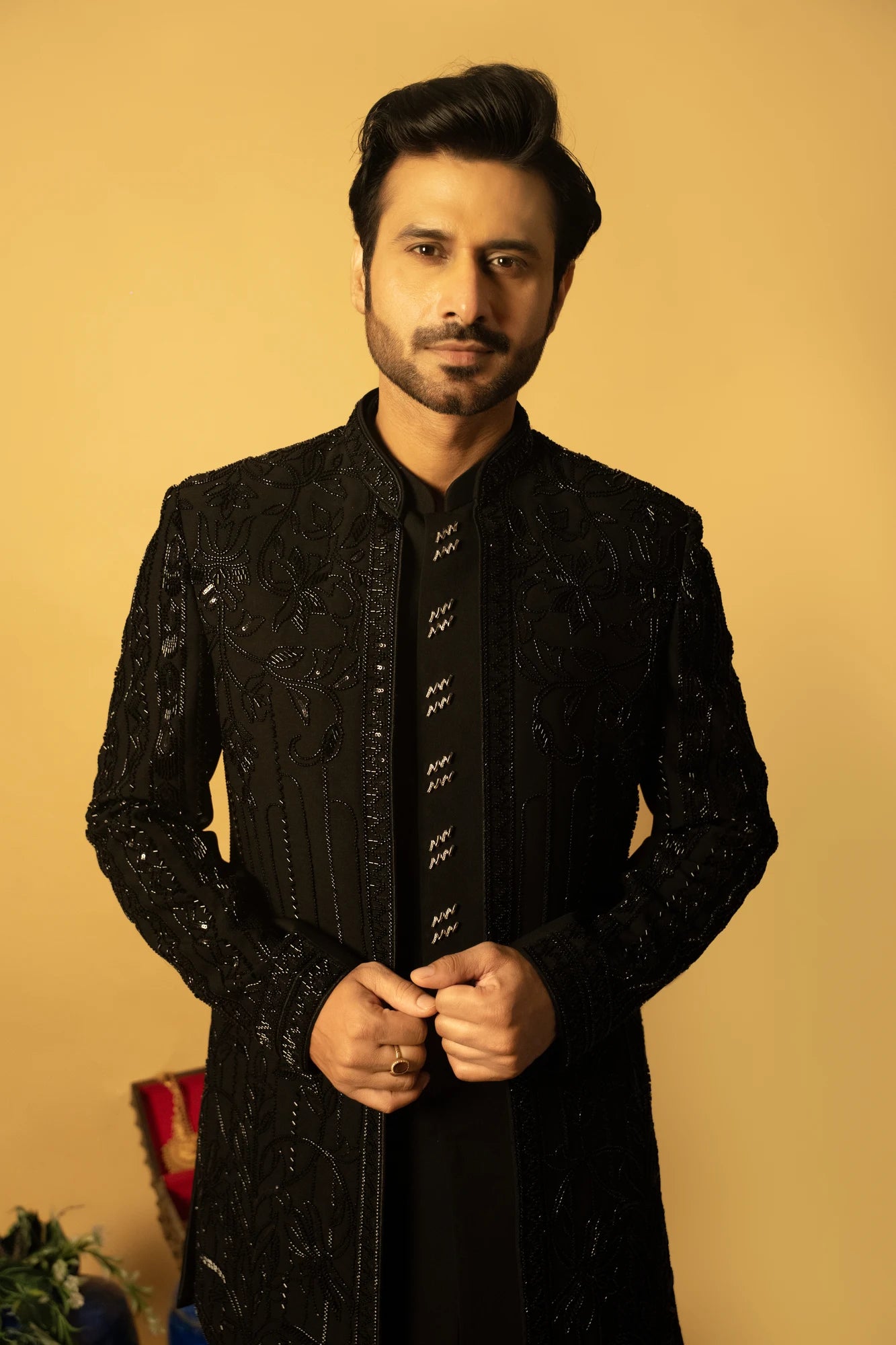 Maharana Black Sequin Embroidered Indowestern Jacket Set