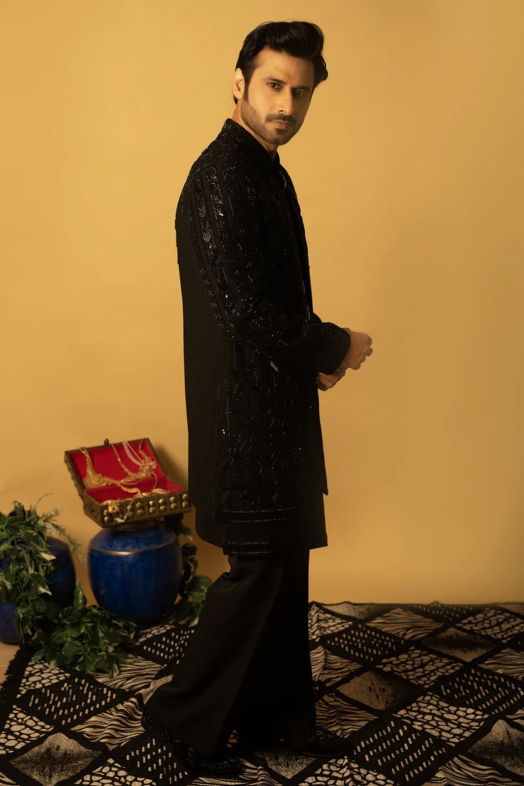 Maharana Black Sequin Embroidered Indowestern Jacket Set