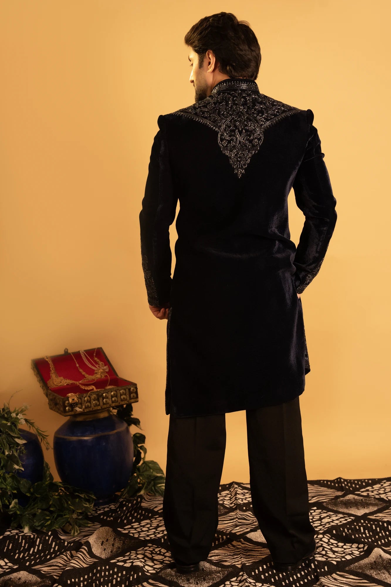 Maharana Navy Velvet Embroidered Indowestern Jacket Set