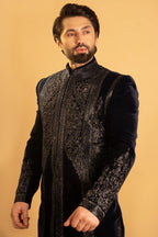 Maharana Navy Velvet Embroidered Indowestern Jacket Set