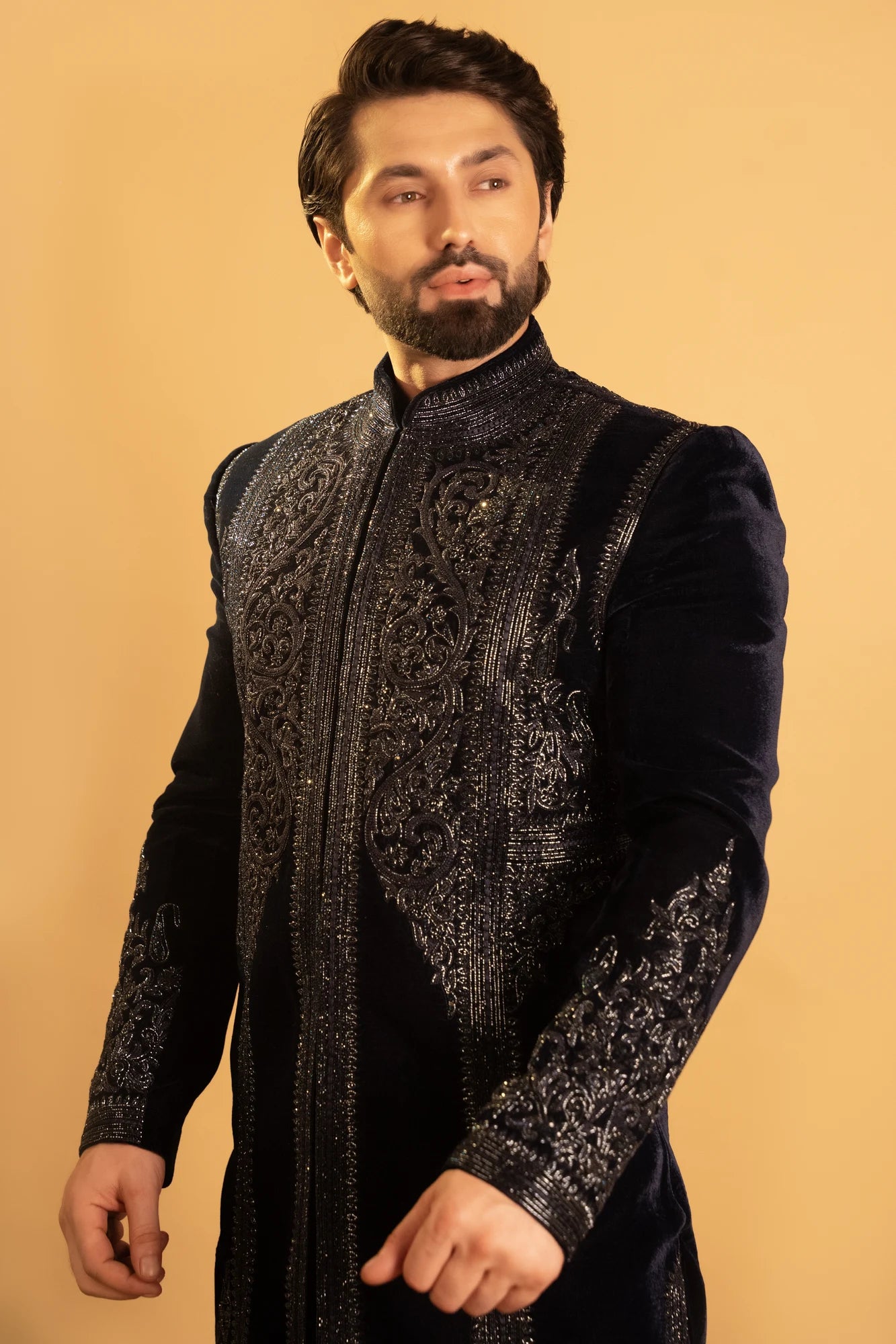 Maharana Navy Velvet Embroidered Indowestern Jacket Set