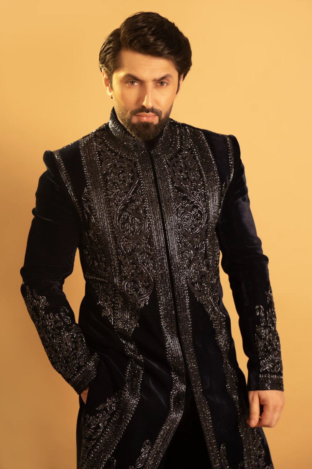 Maharana Navy Velvet Embroidered Indowestern Jacket Set