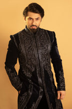 Maharana Navy Velvet Embroidered Indowestern Jacket Set