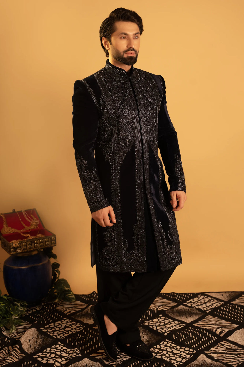 Maharana Navy Velvet Embroidered Indowestern Jacket Set