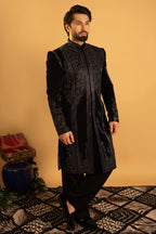 Maharana Navy Velvet Embroidered Indowestern Jacket Set