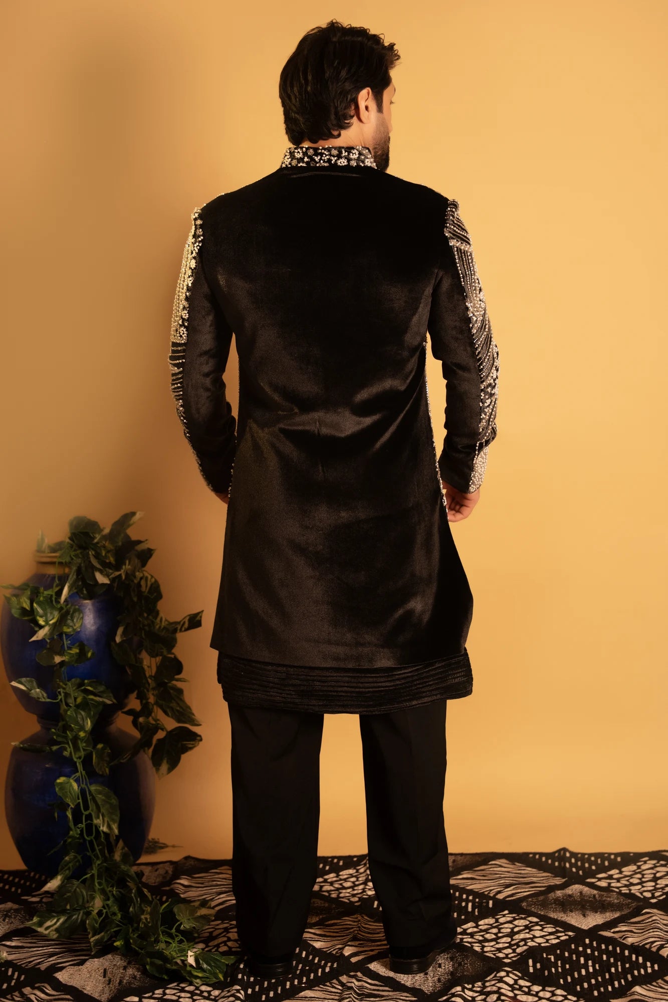 Maharana Black Velvet Silver Pearl Indowestern Jacket Set