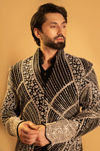 Maharana Black Velvet Silver Pearl Indowestern Jacket Set