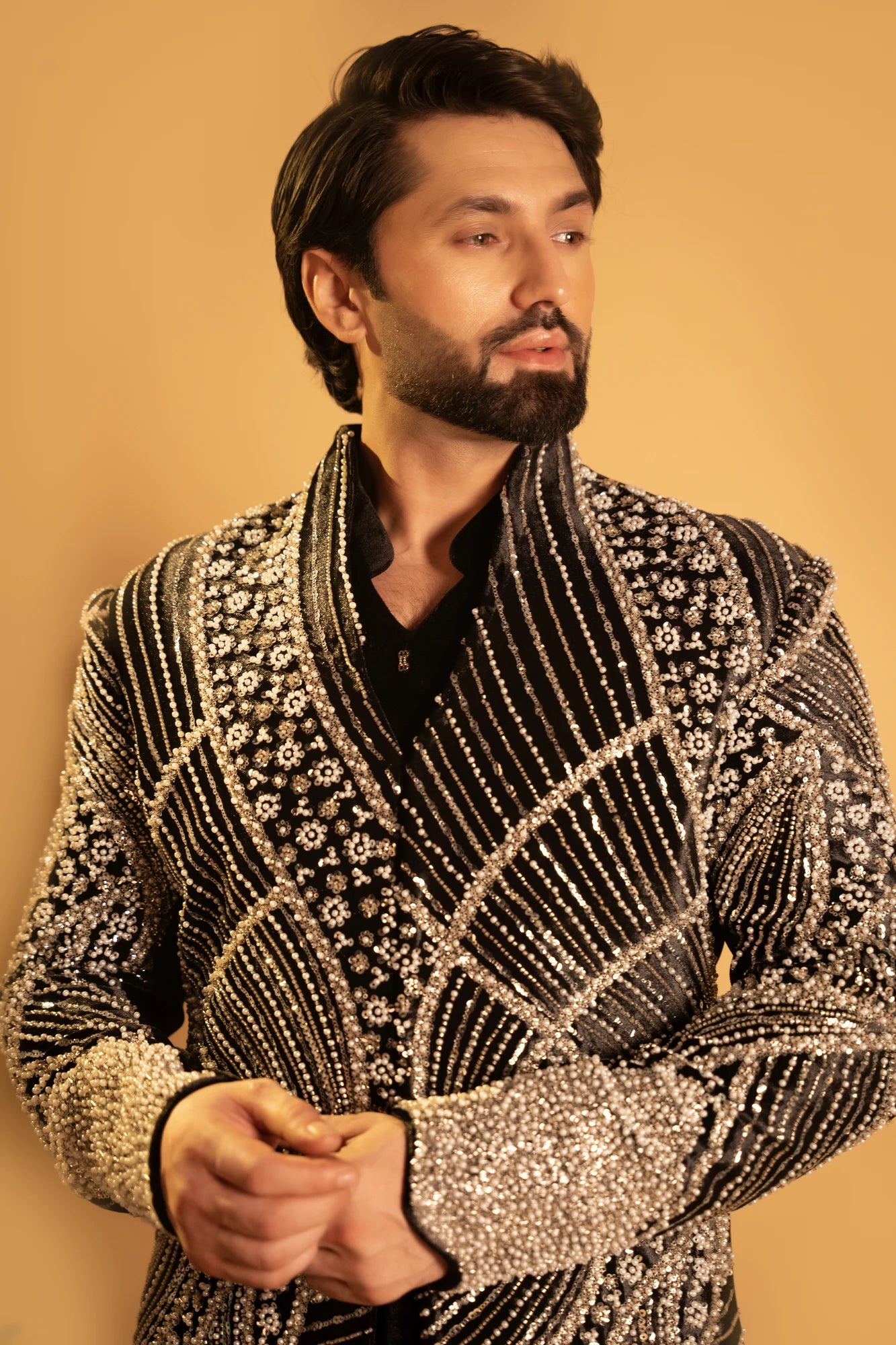 Maharana Black Velvet Silver Pearl Indowestern Jacket Set