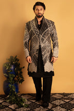 Maharana Black Velvet Silver Pearl Indowestern Jacket Set