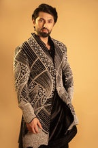 Maharana Black Velvet Silver Pearl Indowestern Jacket Set