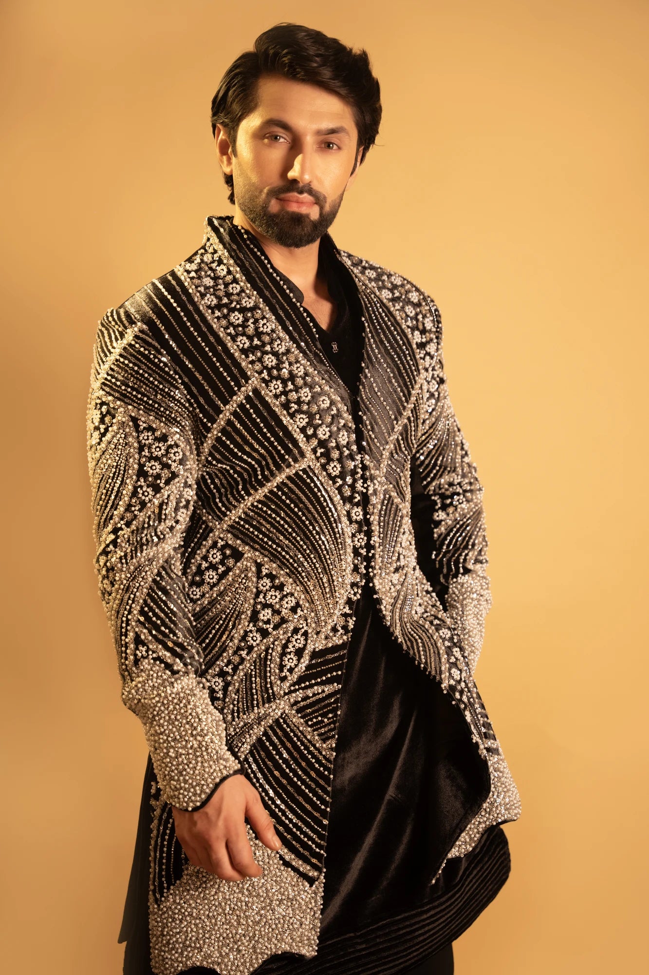 Maharana Black Velvet Silver Pearl Indowestern Jacket Set