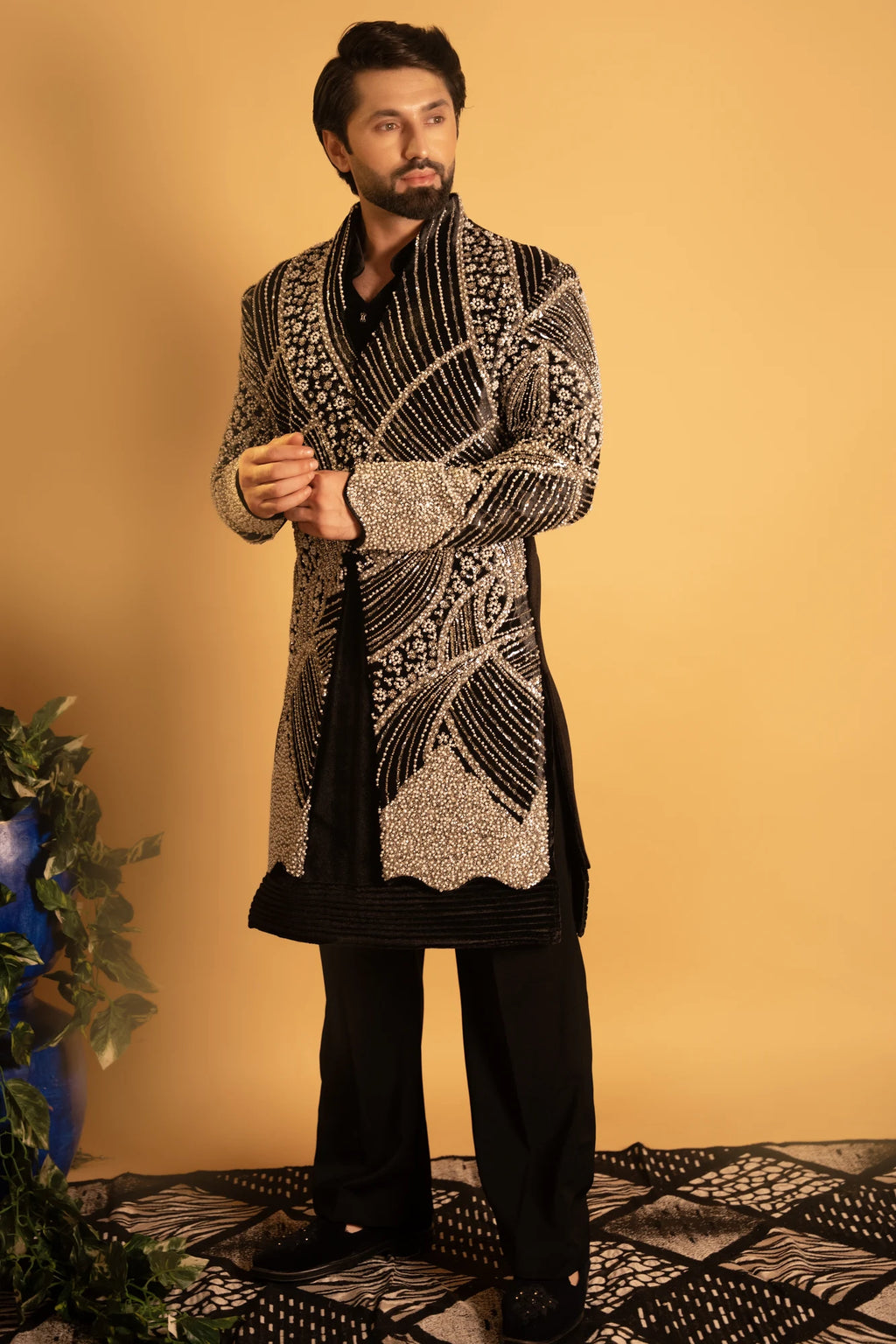 Maharana Black Velvet Silver Pearl Indowestern Jacket Set