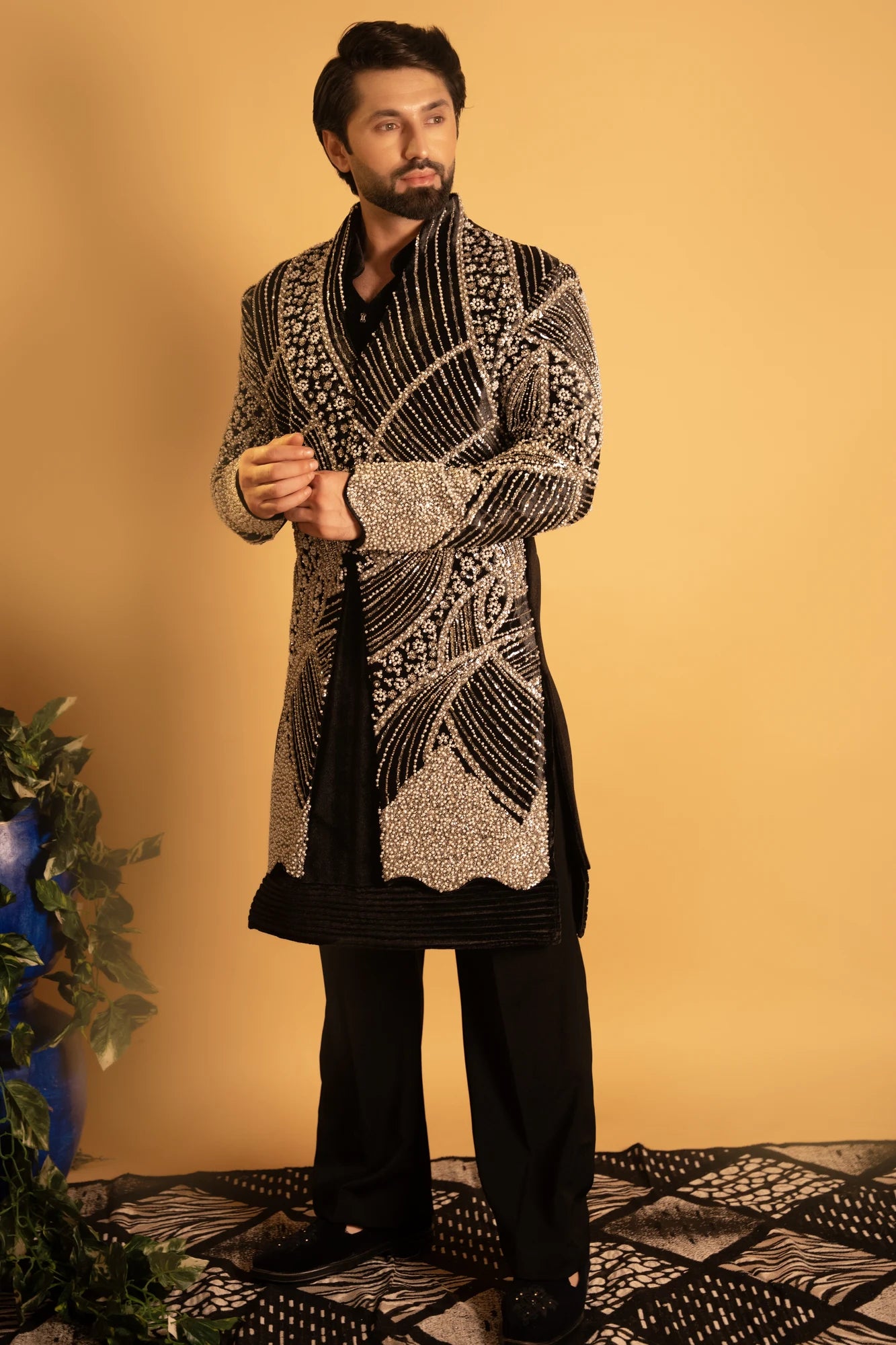 Maharana Black Velvet Silver Pearl Indowestern Jacket Set