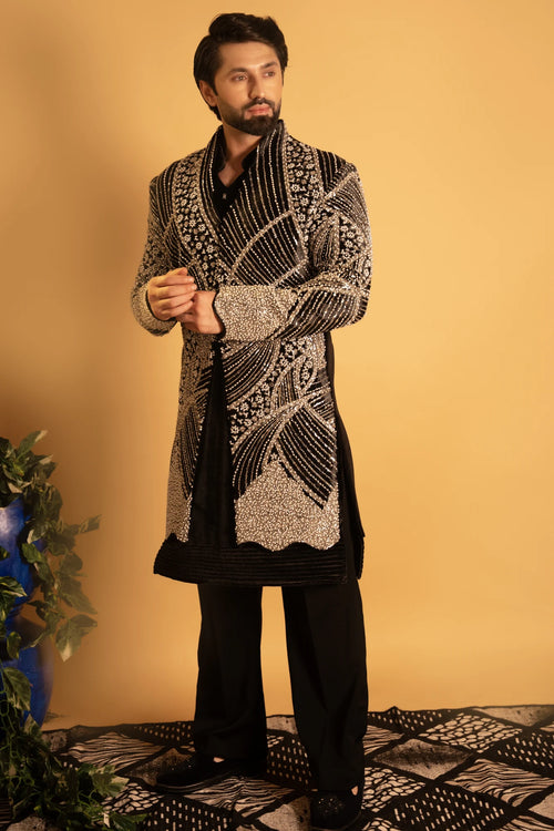 Maharana Black Velvet Silver Pearl Indowestern Jacket Set