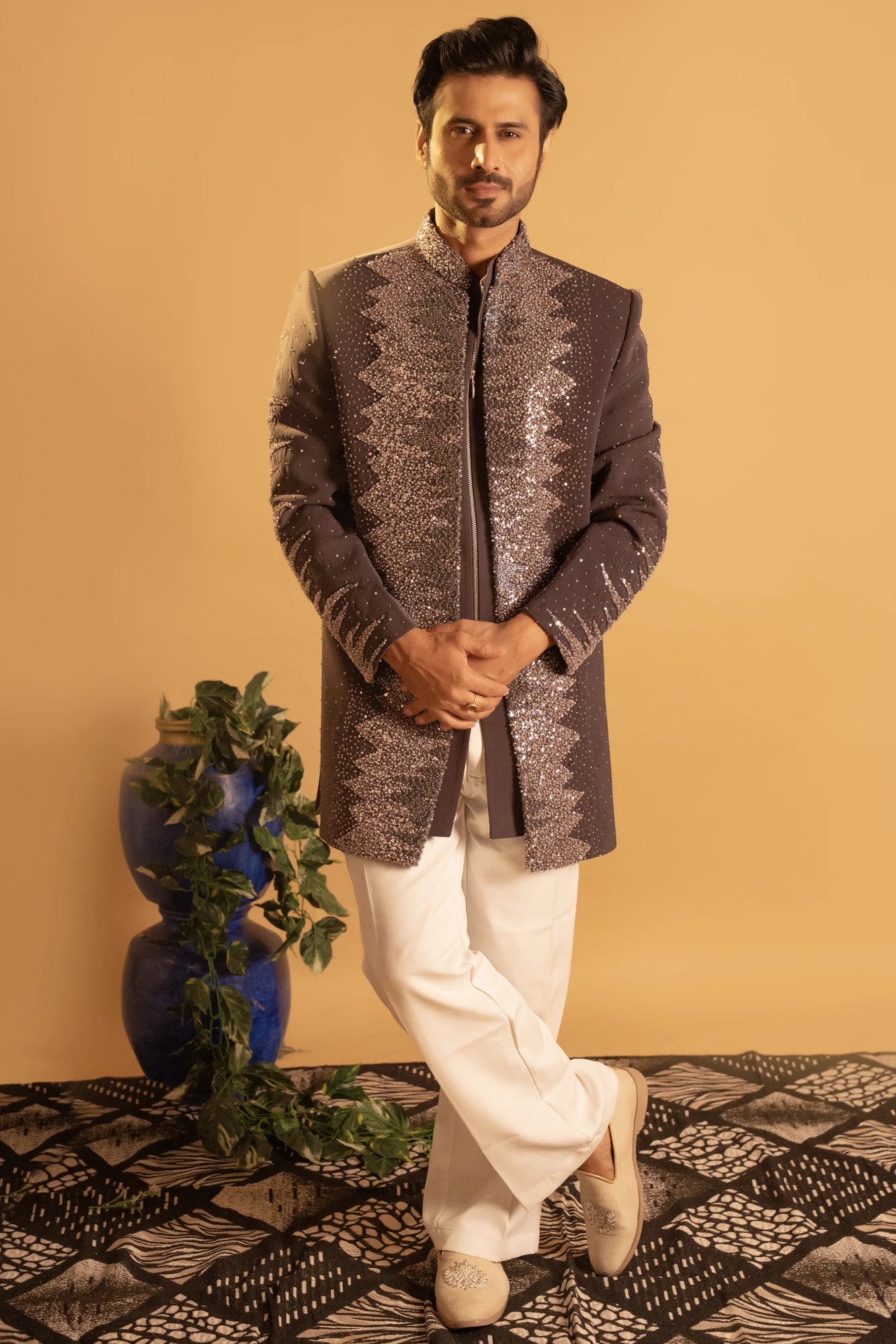 Maharana Charcoal & Black Ombre Sequin Twin Jacket Set