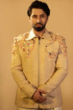 Maharana Butter Yellow Floral Appliqué Indowestern Set
