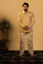 Maharana Butter Yellow Floral Appliqué Indowestern Set