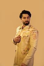 Maharana Butter Yellow Floral Appliqué Indowestern Set