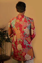 Maharana Red Floral Print Zari Jacket