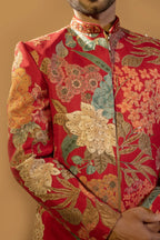 Maharana Red Floral Print Zari Jacket