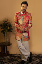 Maharana Red Floral Print Zari Jacket