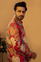 Maharana Red Floral Print Zari Jacket