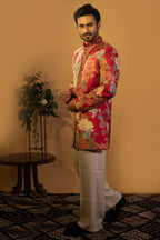Maharana Red Floral Print Zari Jacket