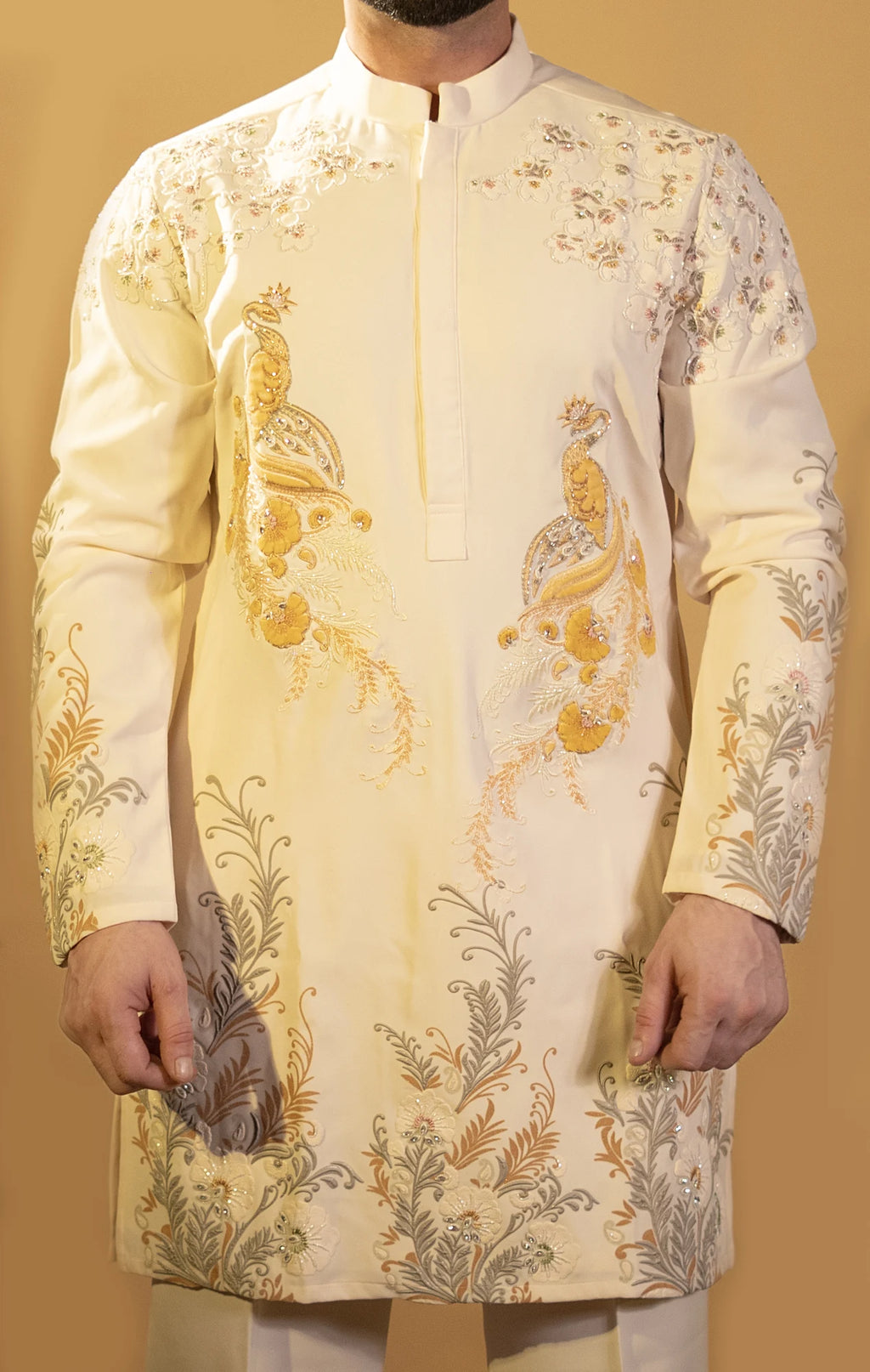 Maharana Lemon Yellow Peacock Embroidered Kurta