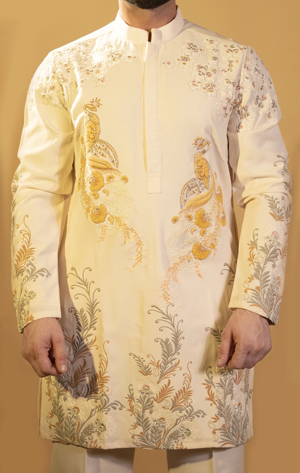 Maharana Lemon Yellow Peacock Embroidered Kurta