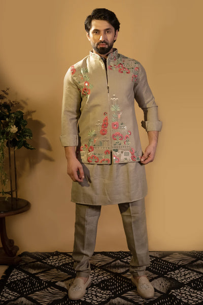 Maharana Ivory Scenic Embroidered Jacket Set