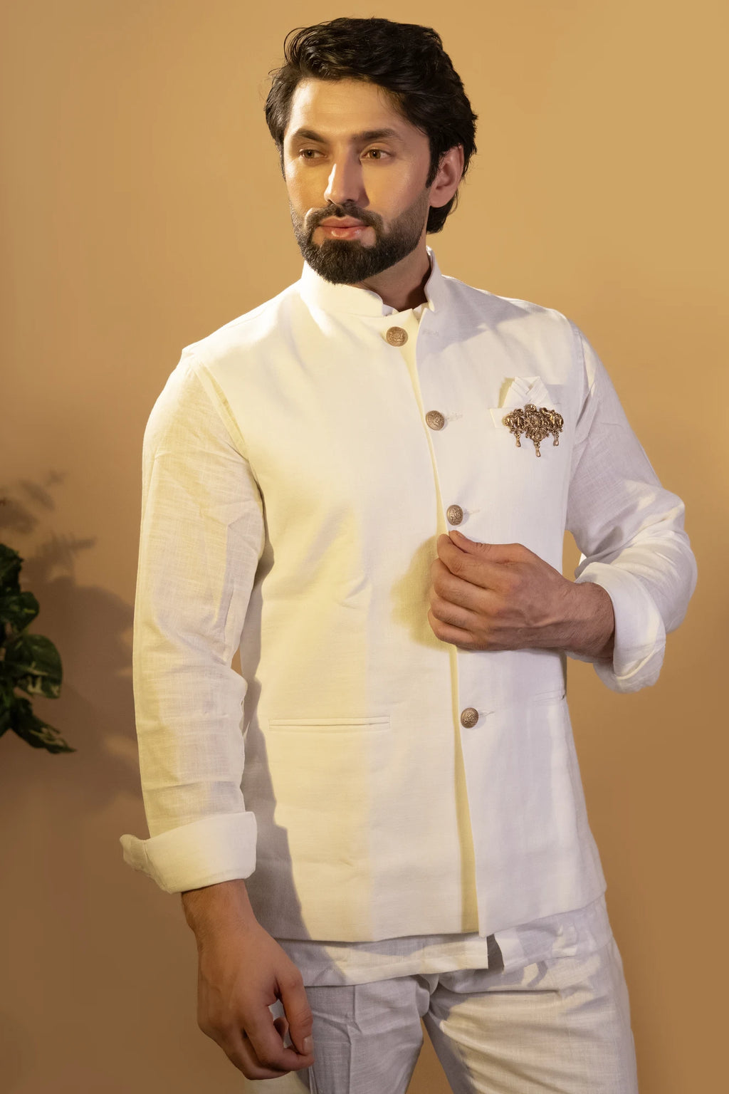 Maharana Ivory Plain Bandhgala Jacket Set