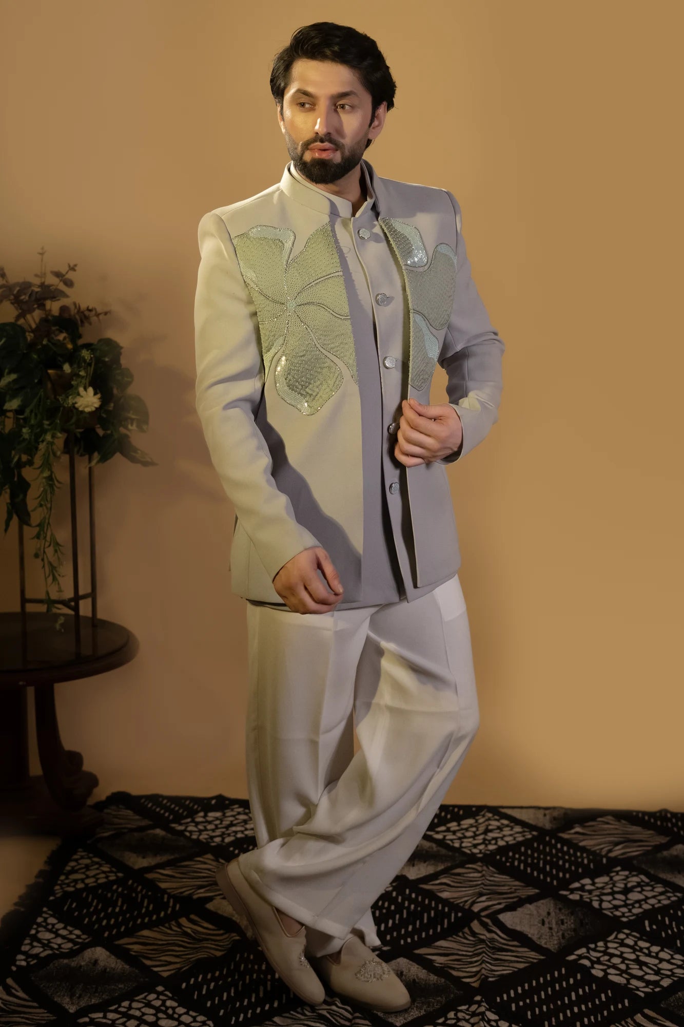 Maharana Sage Sequin Leaf Appliqué Jodhpuri Set