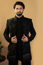 Maharana Jet Black Sequin Embellished Indowestern Set