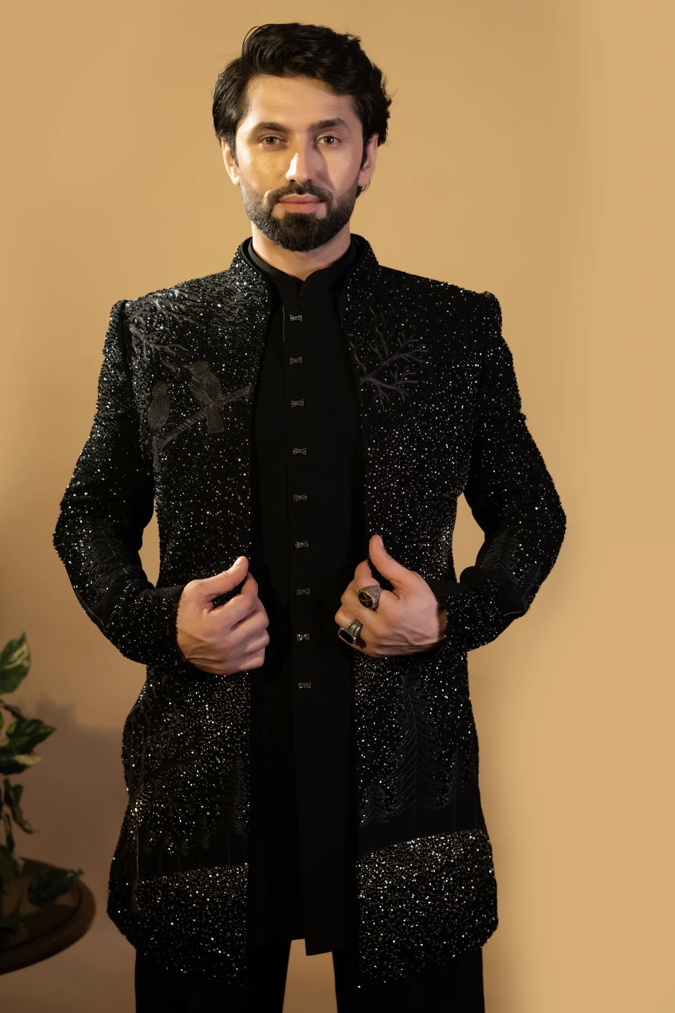 Maharana Jet Black Sequin Embellished Indowestern Set