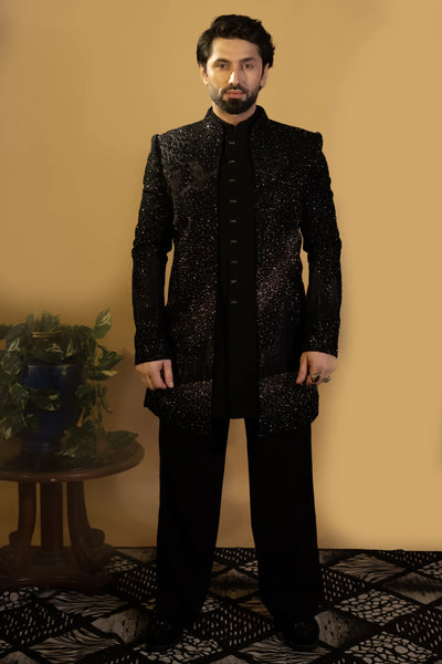 Maharana Jet Black Sequin Embellished Indowestern Set