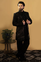Maharana Jet Black Sequin Embellished Indowestern Set