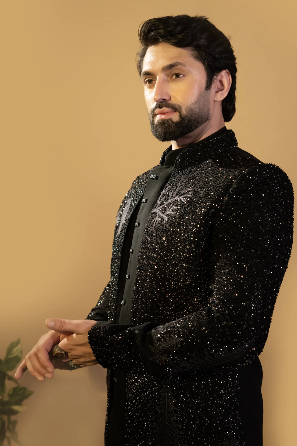 Maharana Jet Black Sequin Embellished Indowestern Set