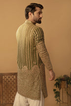 Maharana Olive & Gold Embroidered Silk Kurta