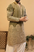 Maharana Olive & Gold Embroidered Silk Kurta