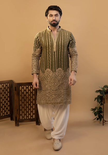 Maharana Olive & Gold Embroidered Silk Kurta