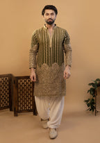 Maharana Olive & Gold Embroidered Silk Kurta