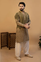 Maharana Olive & Gold Embroidered Silk Kurta
