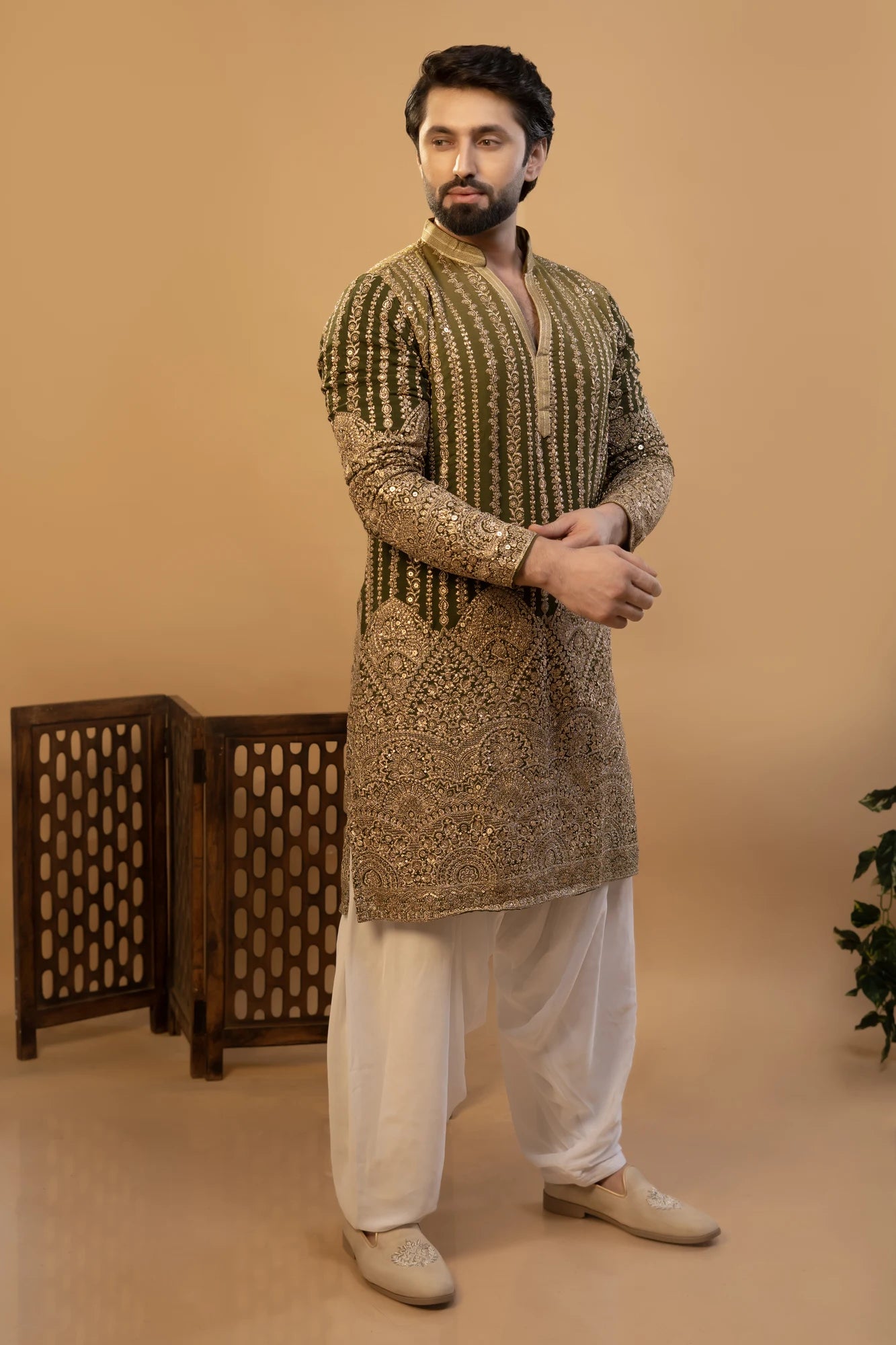 Maharana Olive & Gold Embroidered Silk Kurta