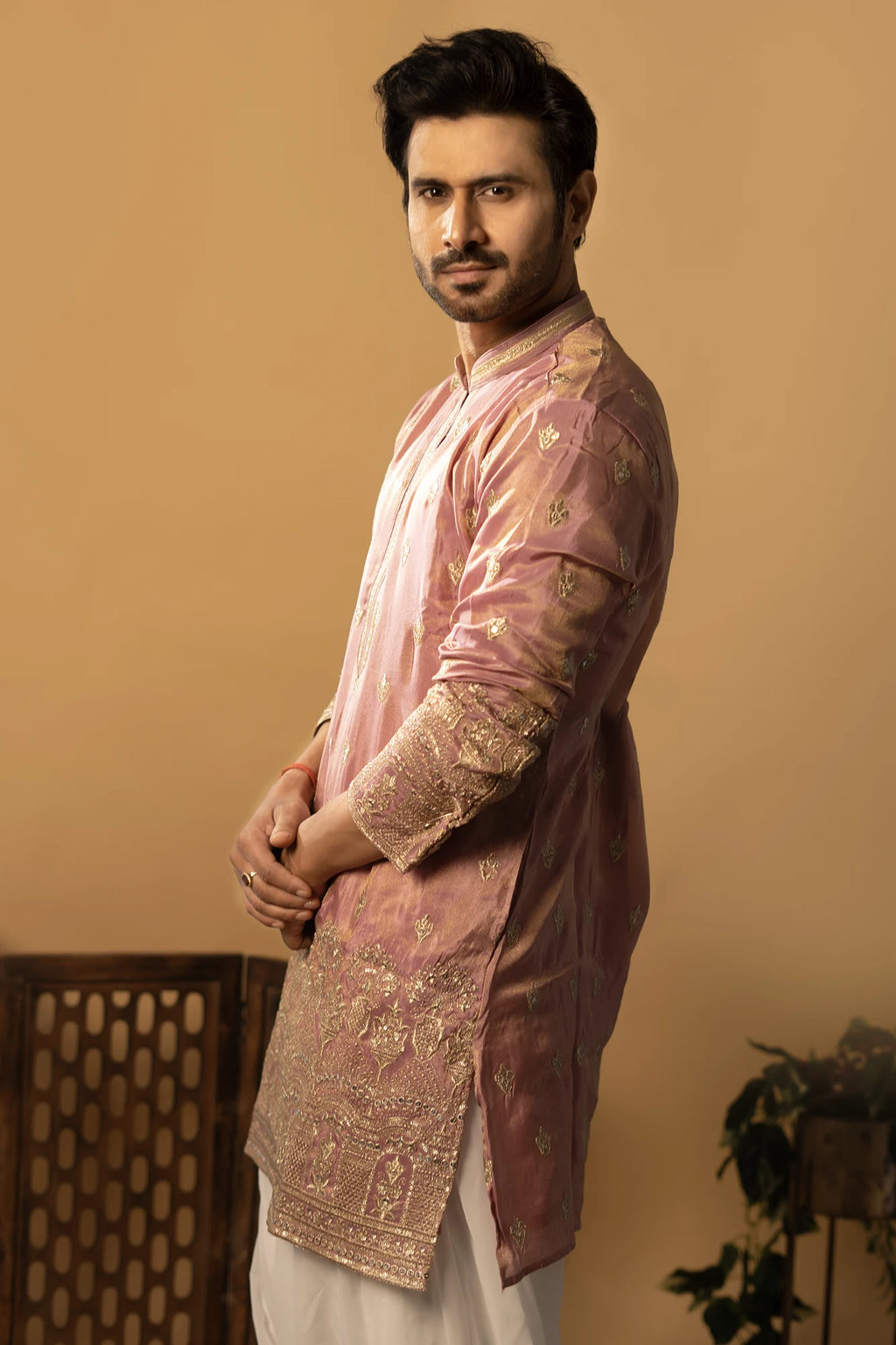 Maharana Dusty Rose Gold Buti Silk Kurta