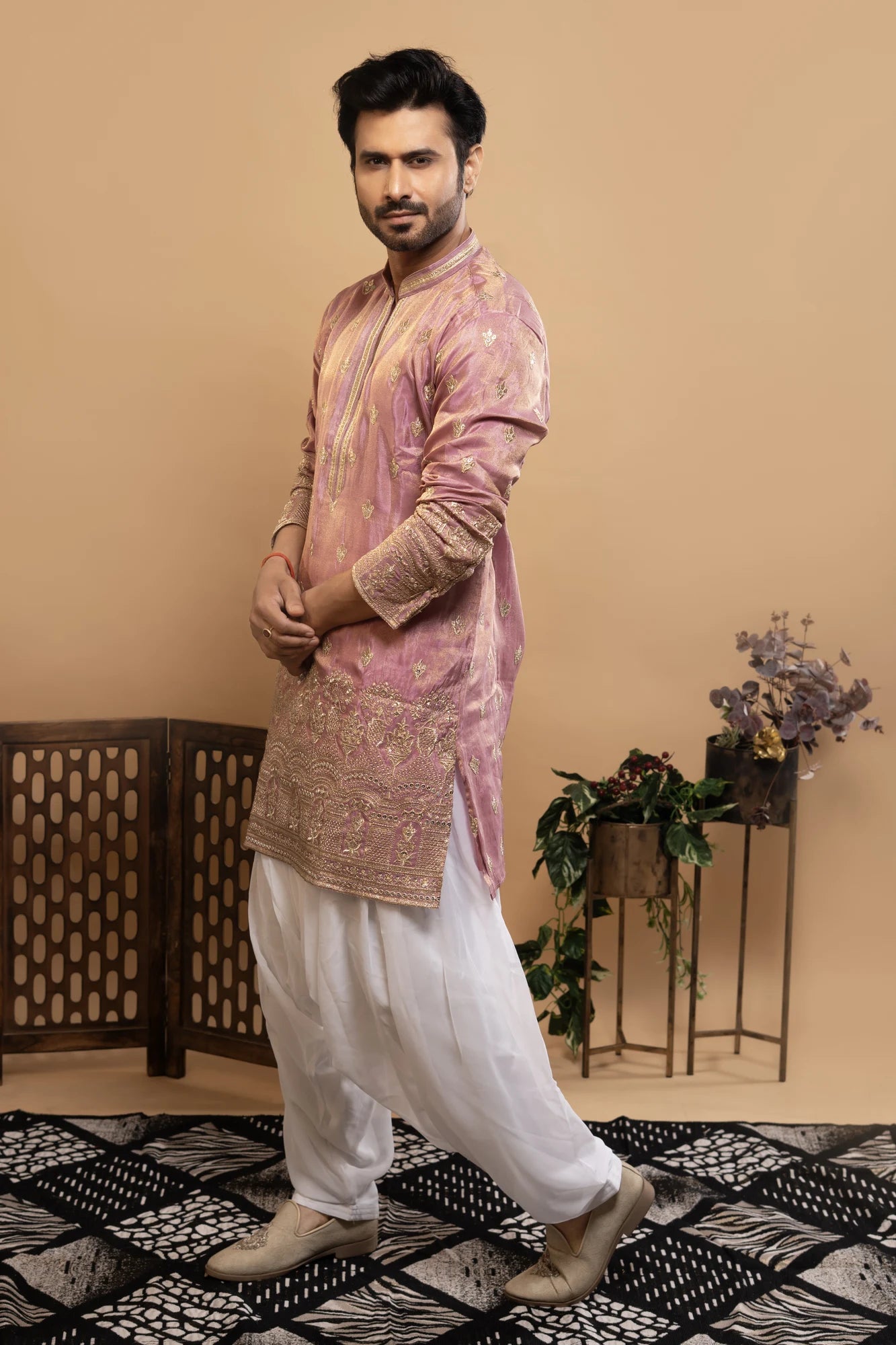 Maharana Dusty Rose Gold Buti Silk Kurta