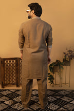 Maharana Taupe Embroidered Linen Kurta