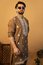 Maharana Taupe Embroidered Linen Kurta