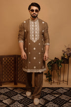 Maharana Taupe Embroidered Linen Kurta