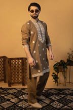 Maharana Taupe Embroidered Linen Kurta
